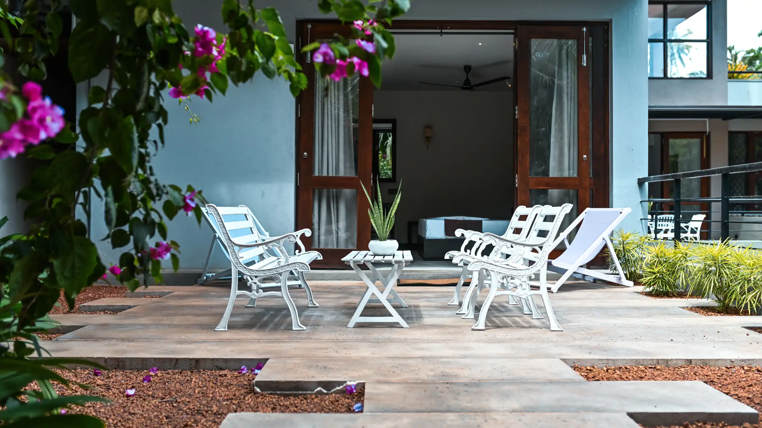 Hiriketiya accommodation garden terrace seating at Hiriketiya Beach Resort